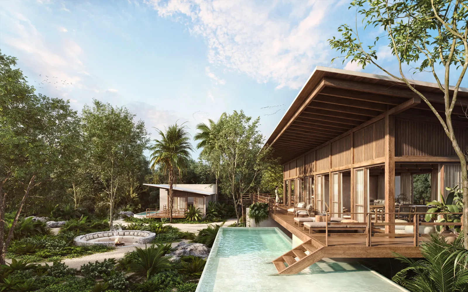 Casa Árbol: a long timber pavilion on stilts with a raised pool and steps down into a garden.