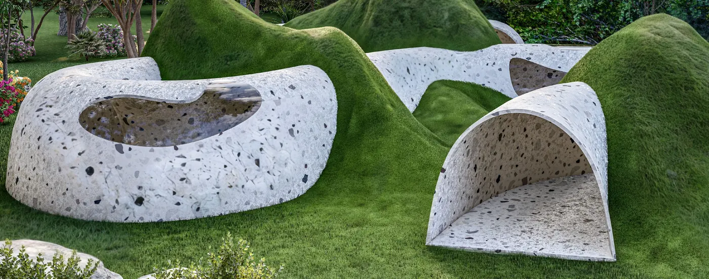 The earthworks playground: grassy mounds and pale perforated shell forms for children to climb through.