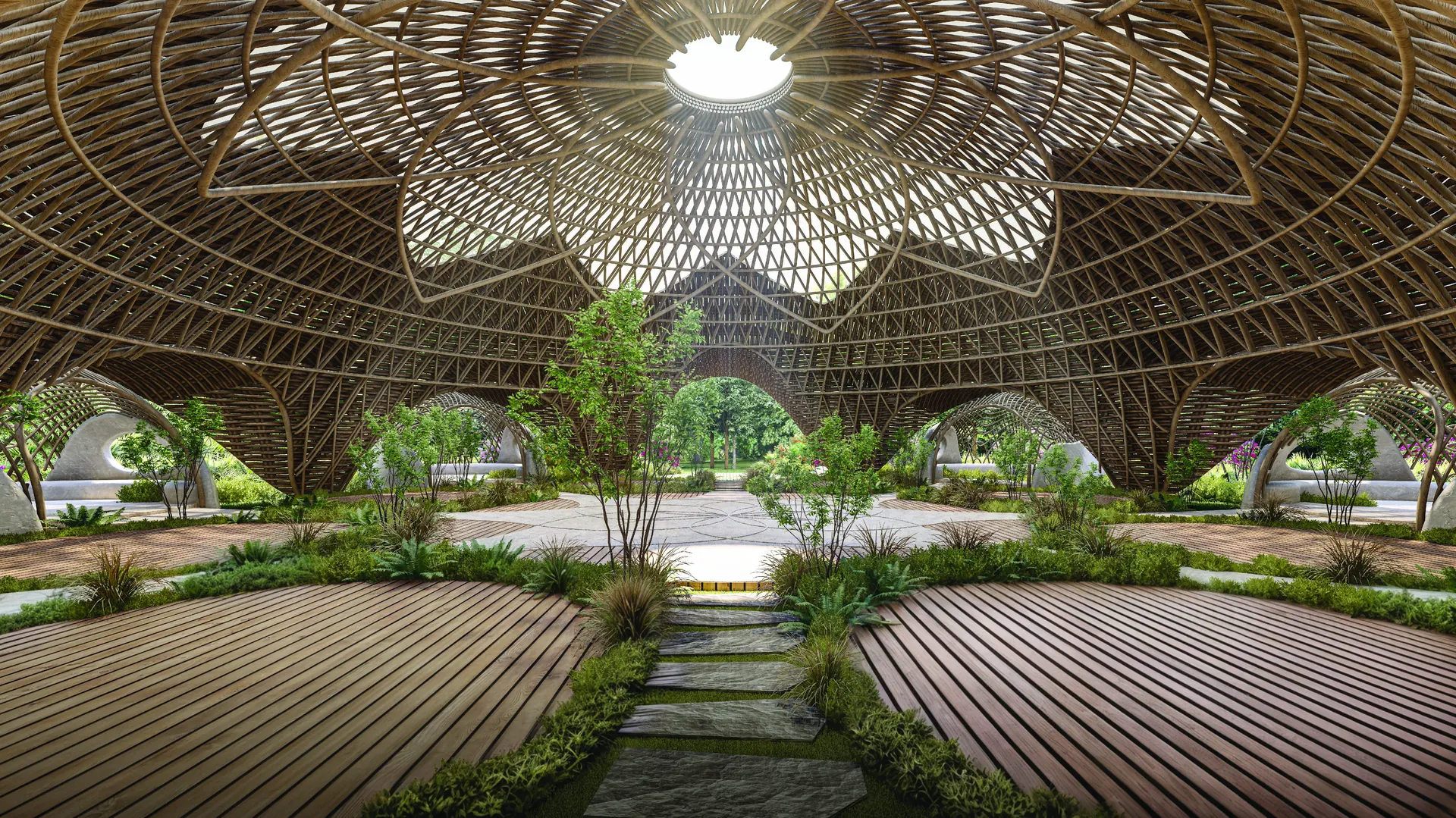 Inside the Meditation Gompa: a woven bamboo dome around a central oculus, with timber platforms and planting below.