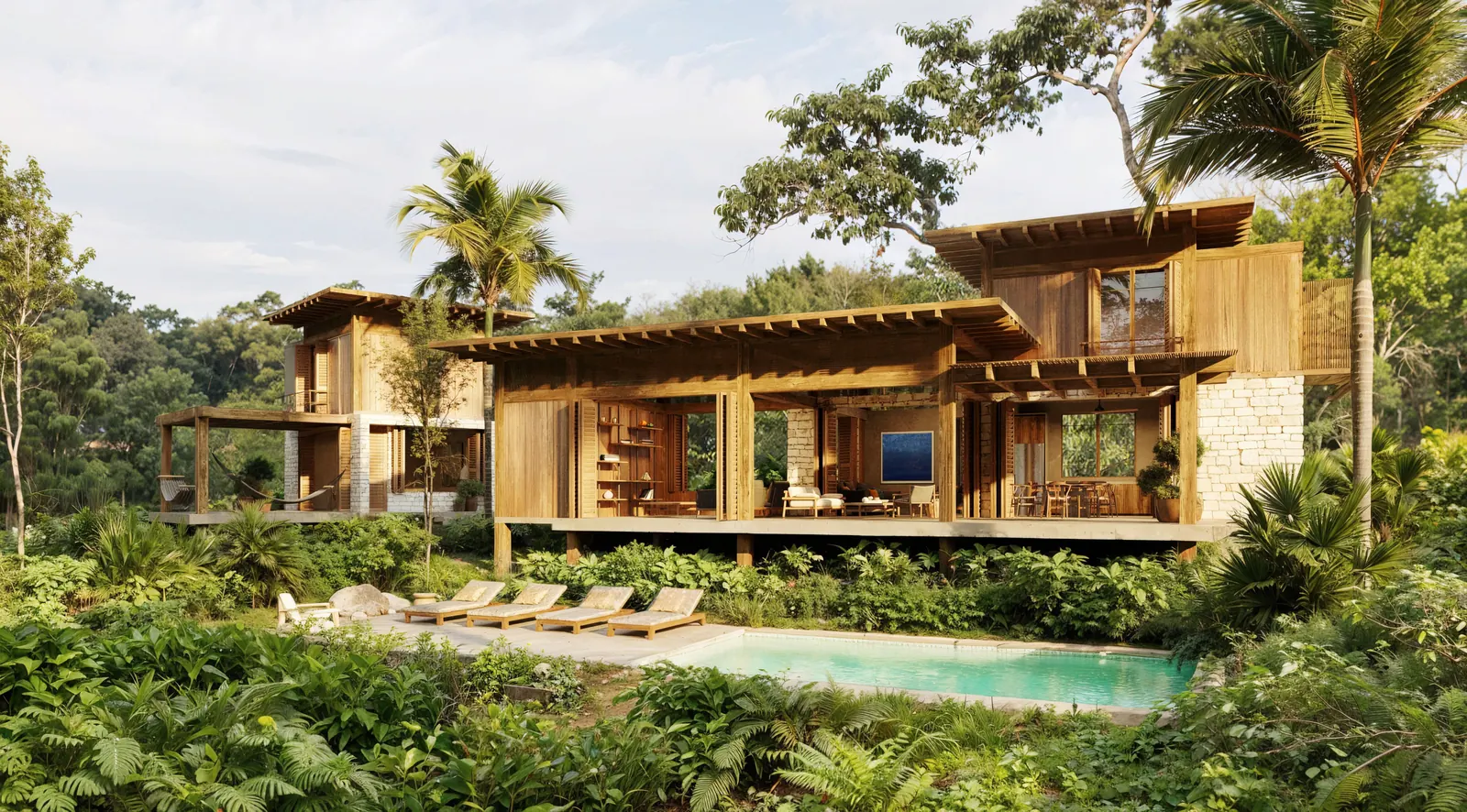 Casa Lago: a two-storey timber house with wide decks and a long pool, set in the jungle.