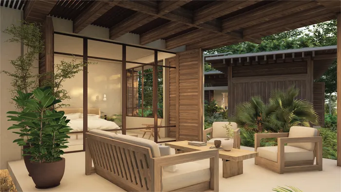 Casa Lago terrace living area with timber columns and outdoor sofas.