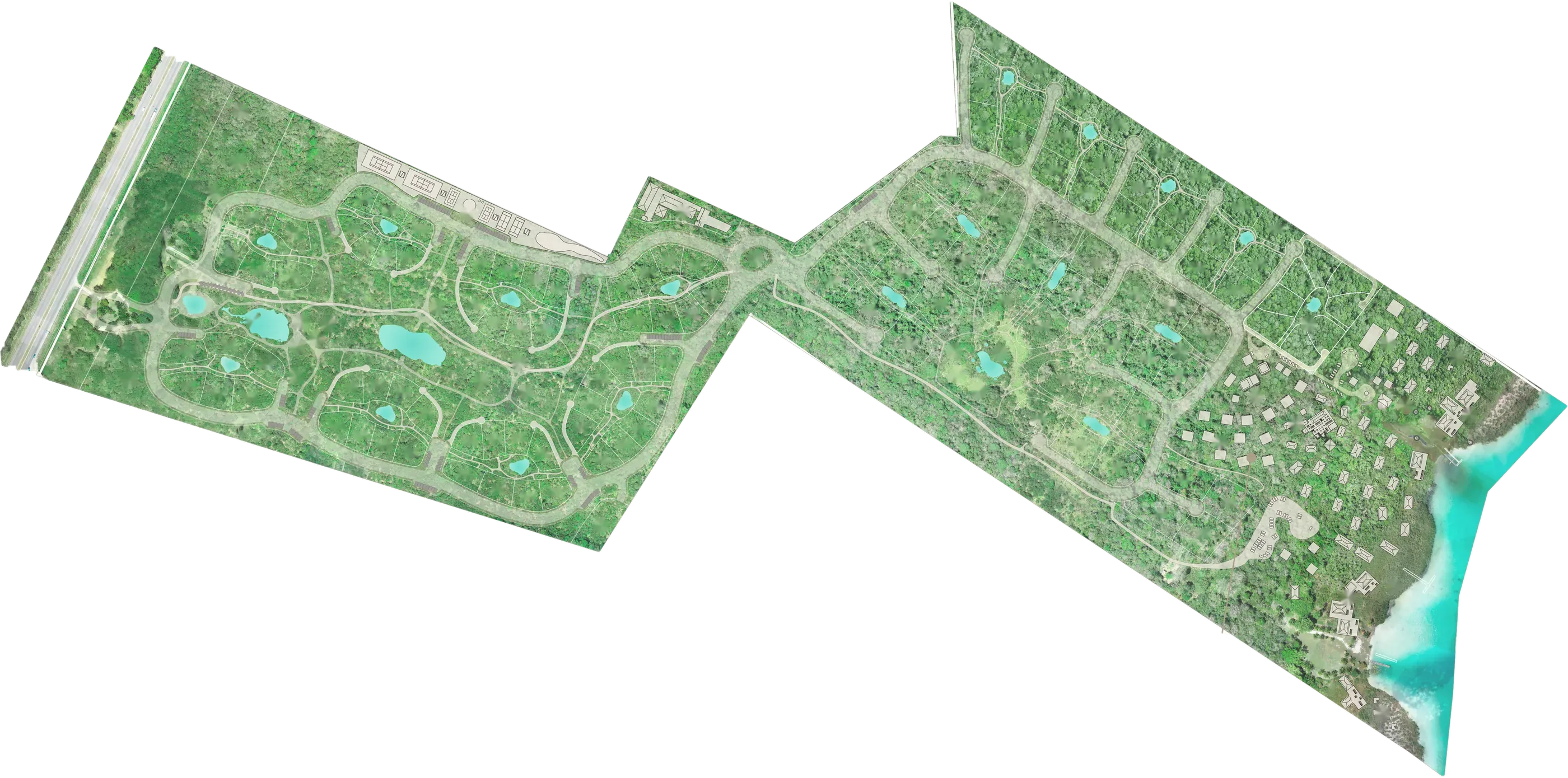 The XHO Bacalar masterplan on an aerial photograph: 52 hectares running from the federal highway in the west to the Xul-Ha lagoon in the east.