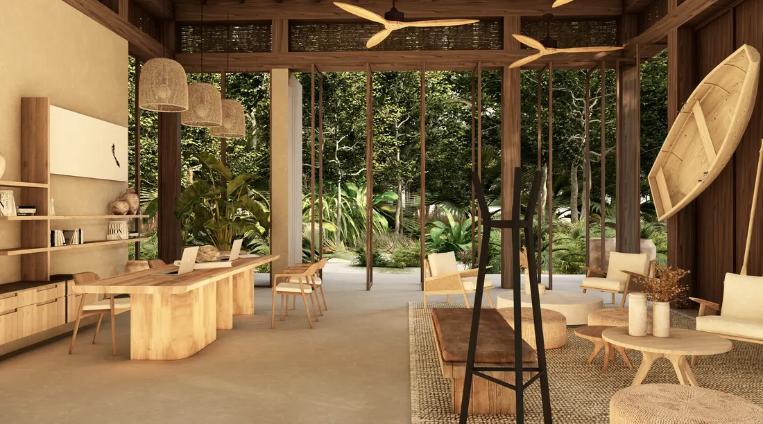 Inside a jungle loft: timber, rattan pendants and walls open to the trees.