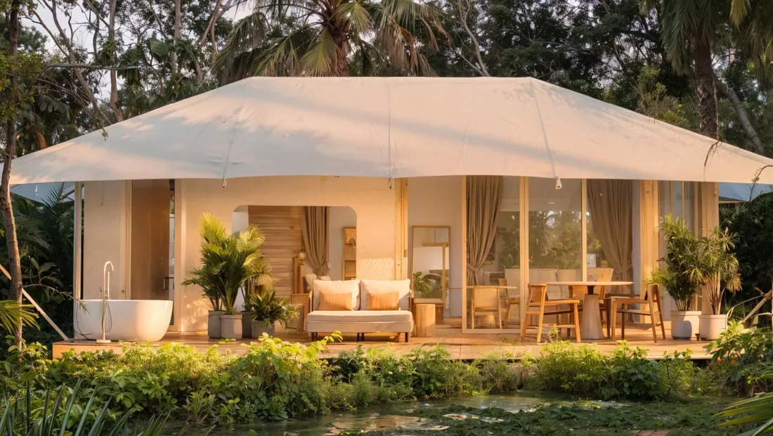 A lagoon-front tented suite with a deck, lit at dusk among palms.