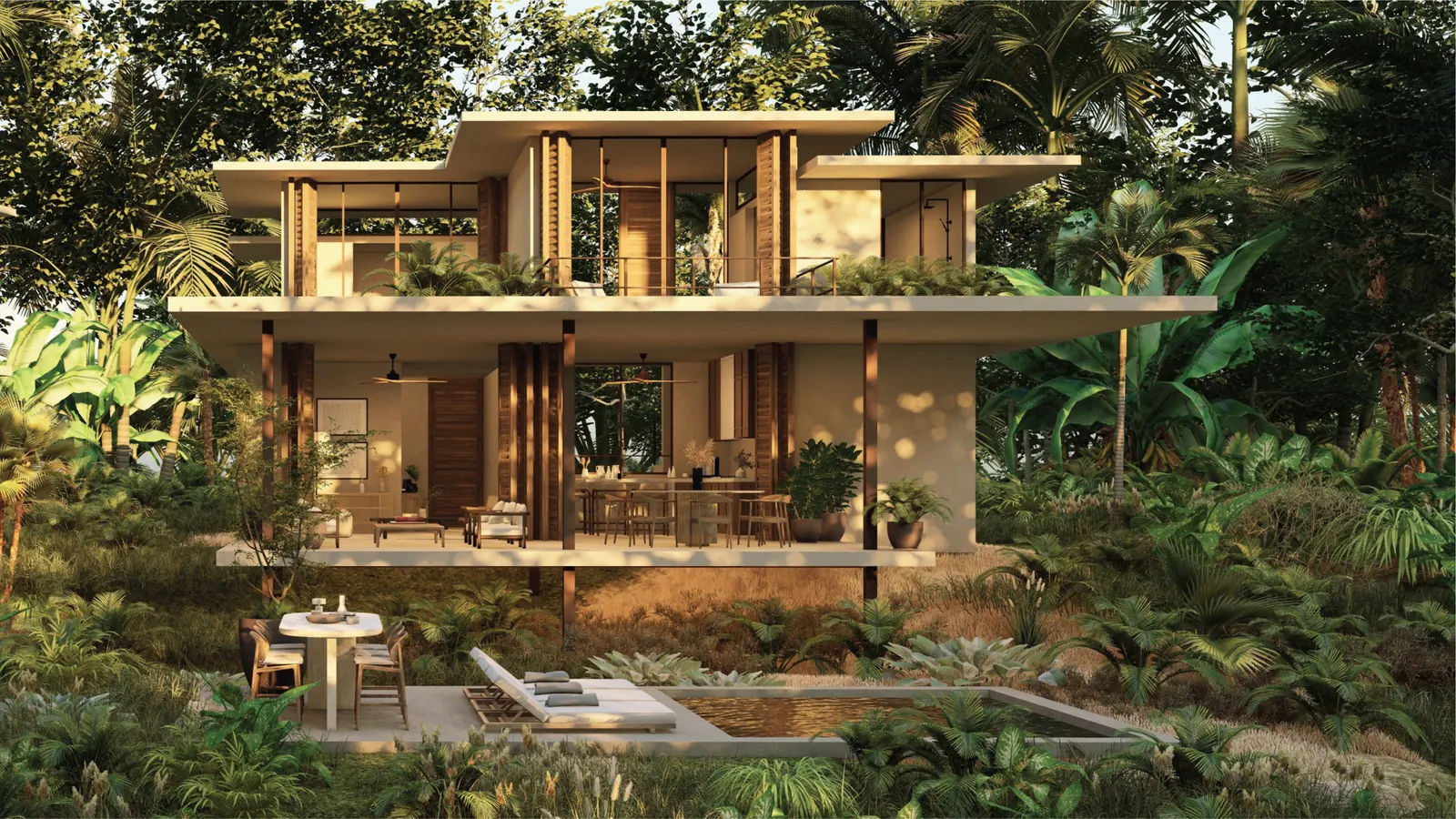 Casa Selva: a two-storey house of pale render and timber screens on a raised platform in dense jungle.