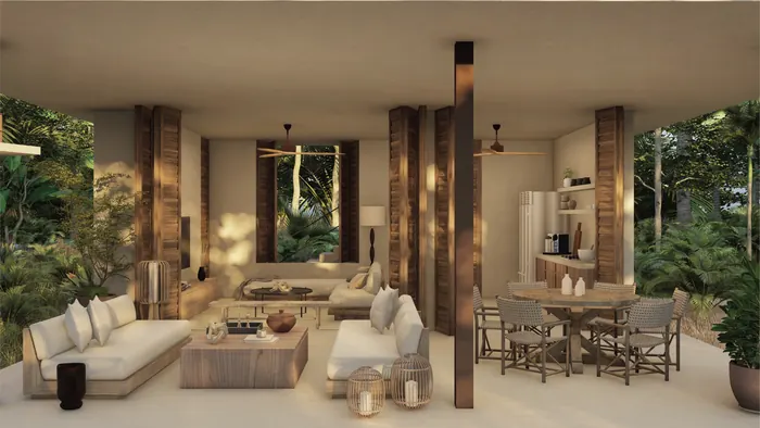 Casa Selva living room, open on two sides to the jungle.