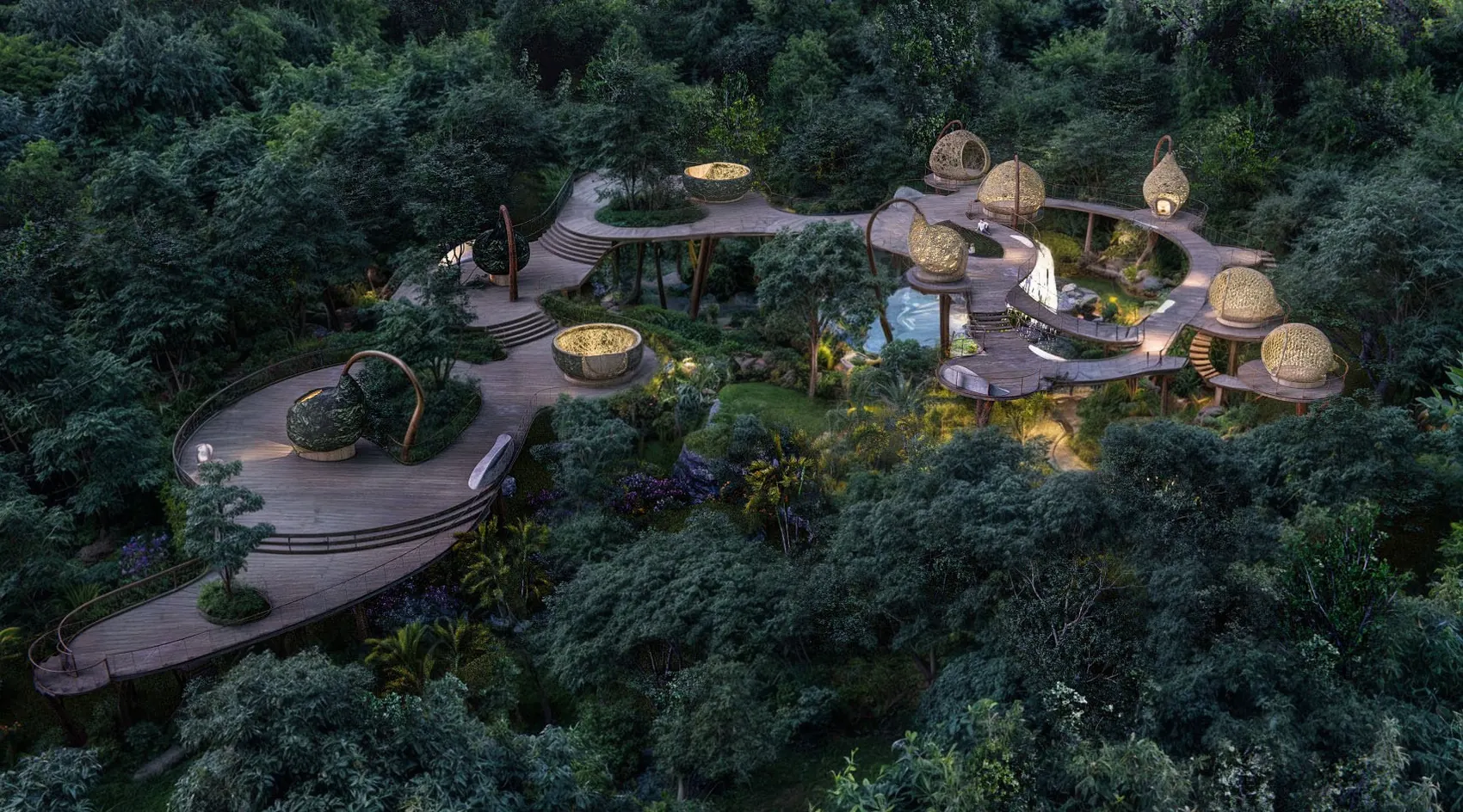 The Mayan Skywalk at dusk, seen from above: a winding raised walkway with lit woven nests over the jungle.