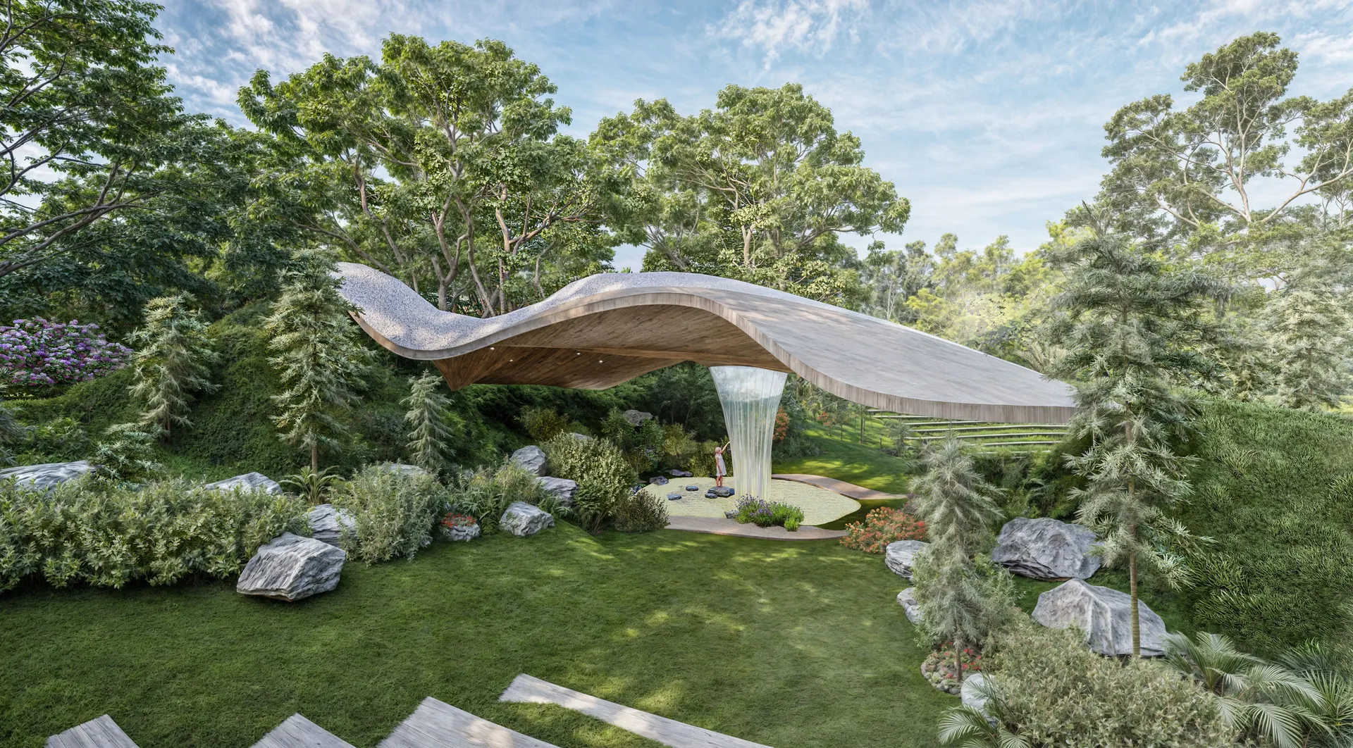 The Mayan Temple: a flowing timber roof shaped like a butterfly wing over a column of falling water, set in a grassy hollow.