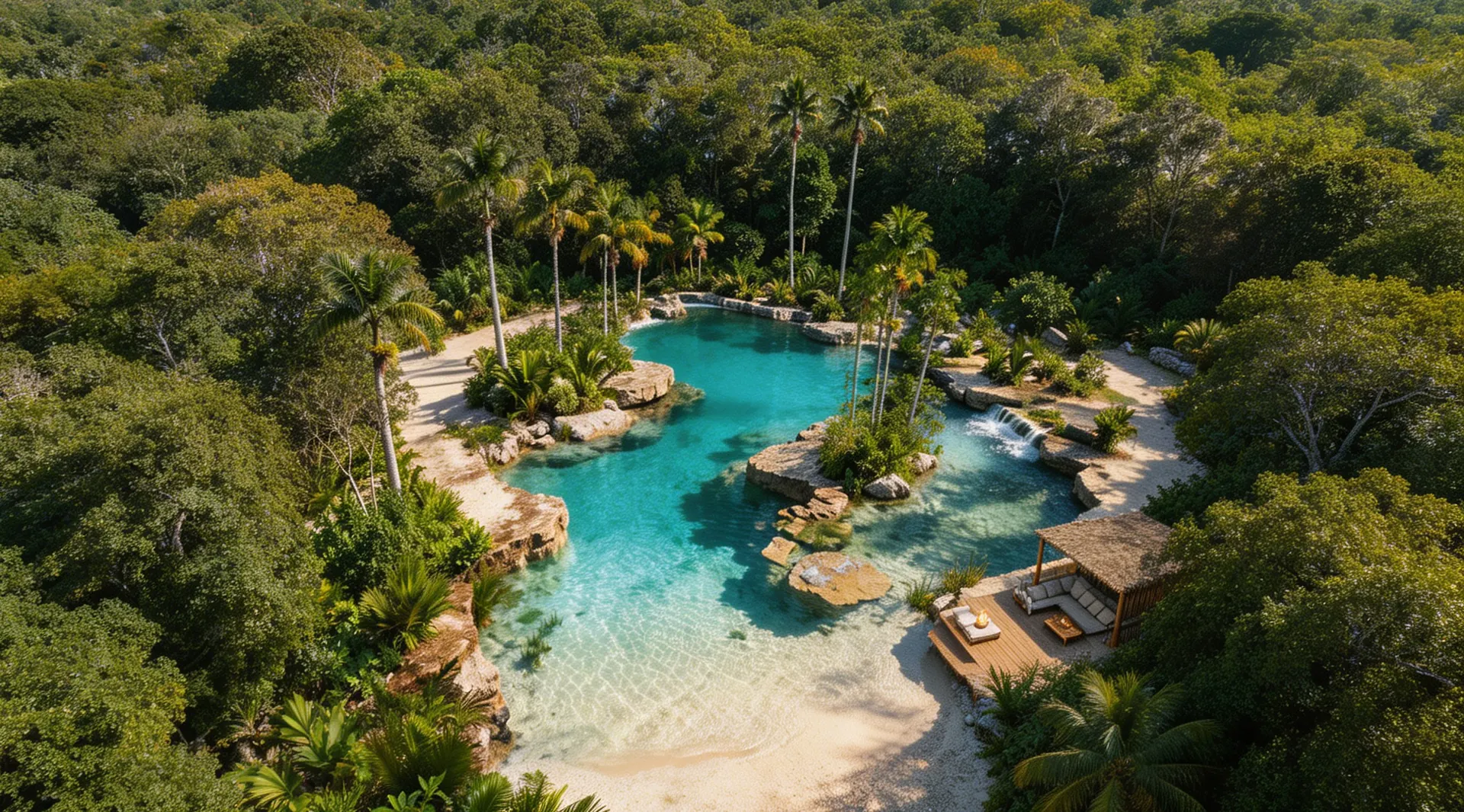 Aerial render of a village bio-pool: a freeform natural pool with stone edges, sand and palms inside the jungle.